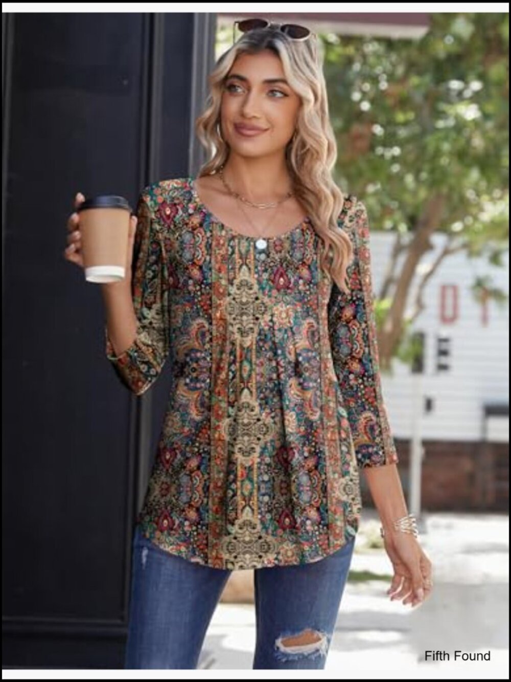 3/4 Sleeve Pleated Blouse Tunic Top Crew Neck - Picture 2 of 5